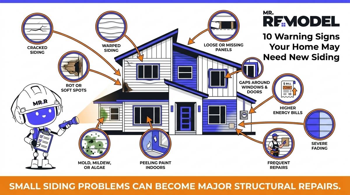 House inspection infographic highlighting the 10 most common warning signs that siding may need replacement before more serious damage develops.
